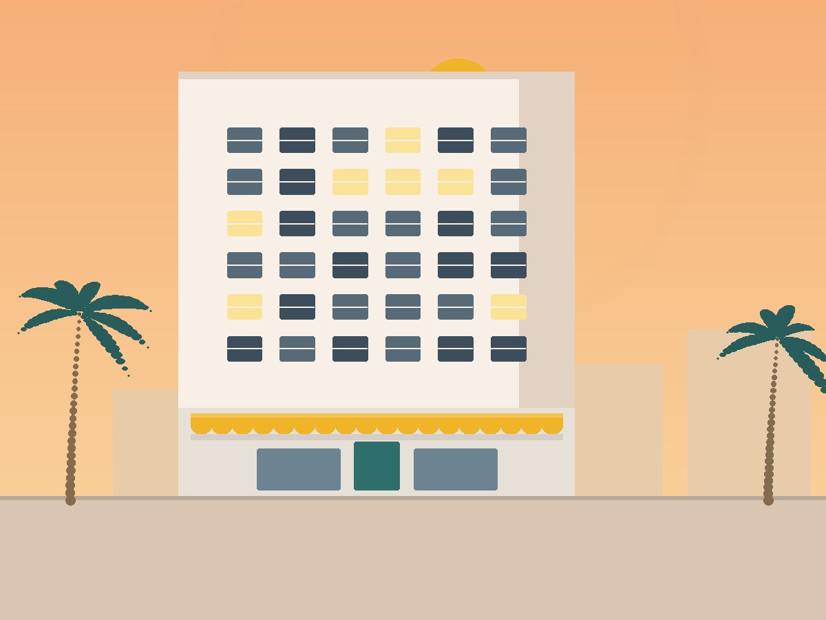 Illustration of a bayfront residential tower at sunset